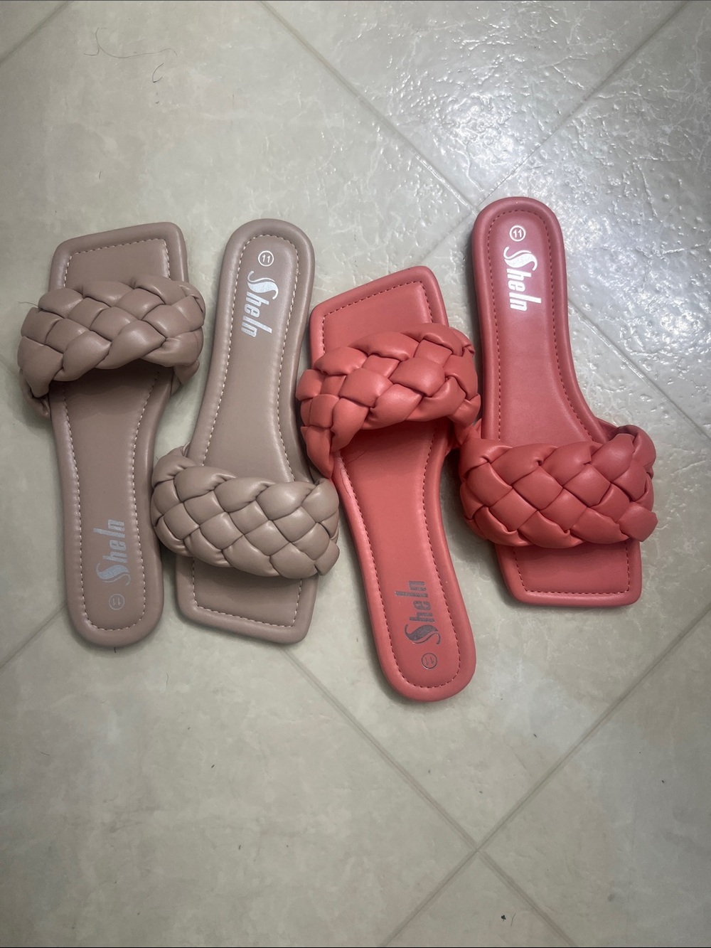 Sheln Braided Square-Toe Slide Sandals in Blush and Coral